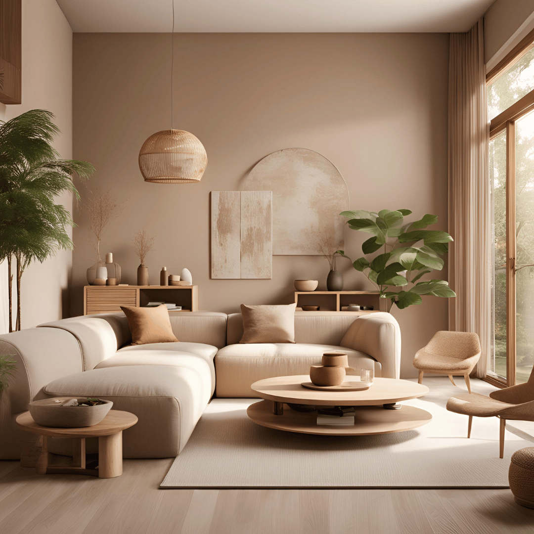 Sala de estar moderna con decoración minimalista y tonos neutros.